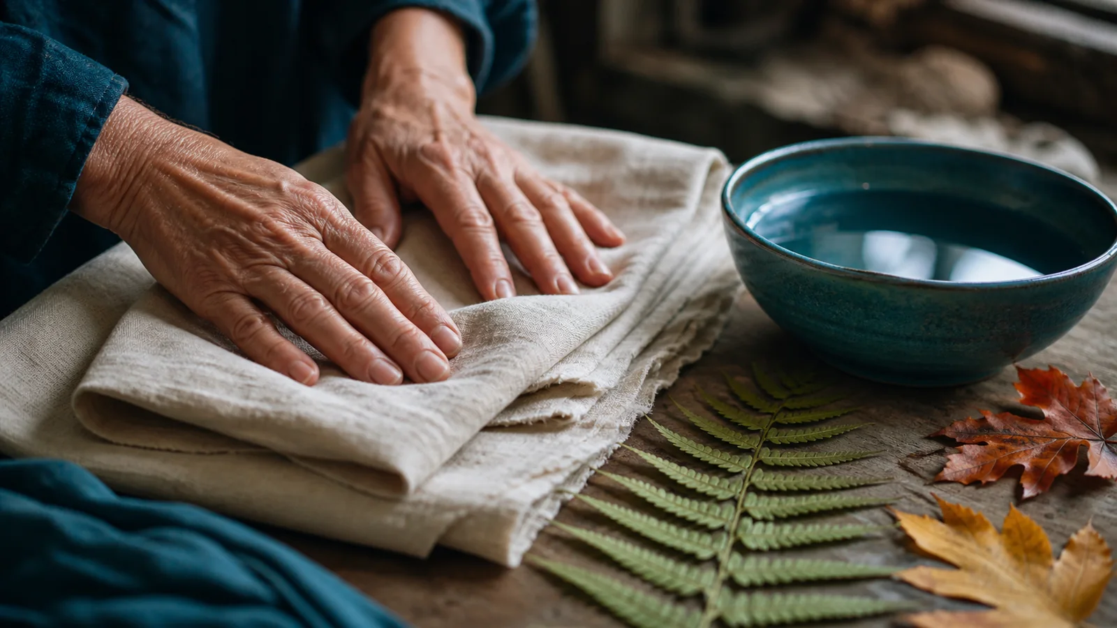 Experienced hands arranging natural linen beside water and a fern
