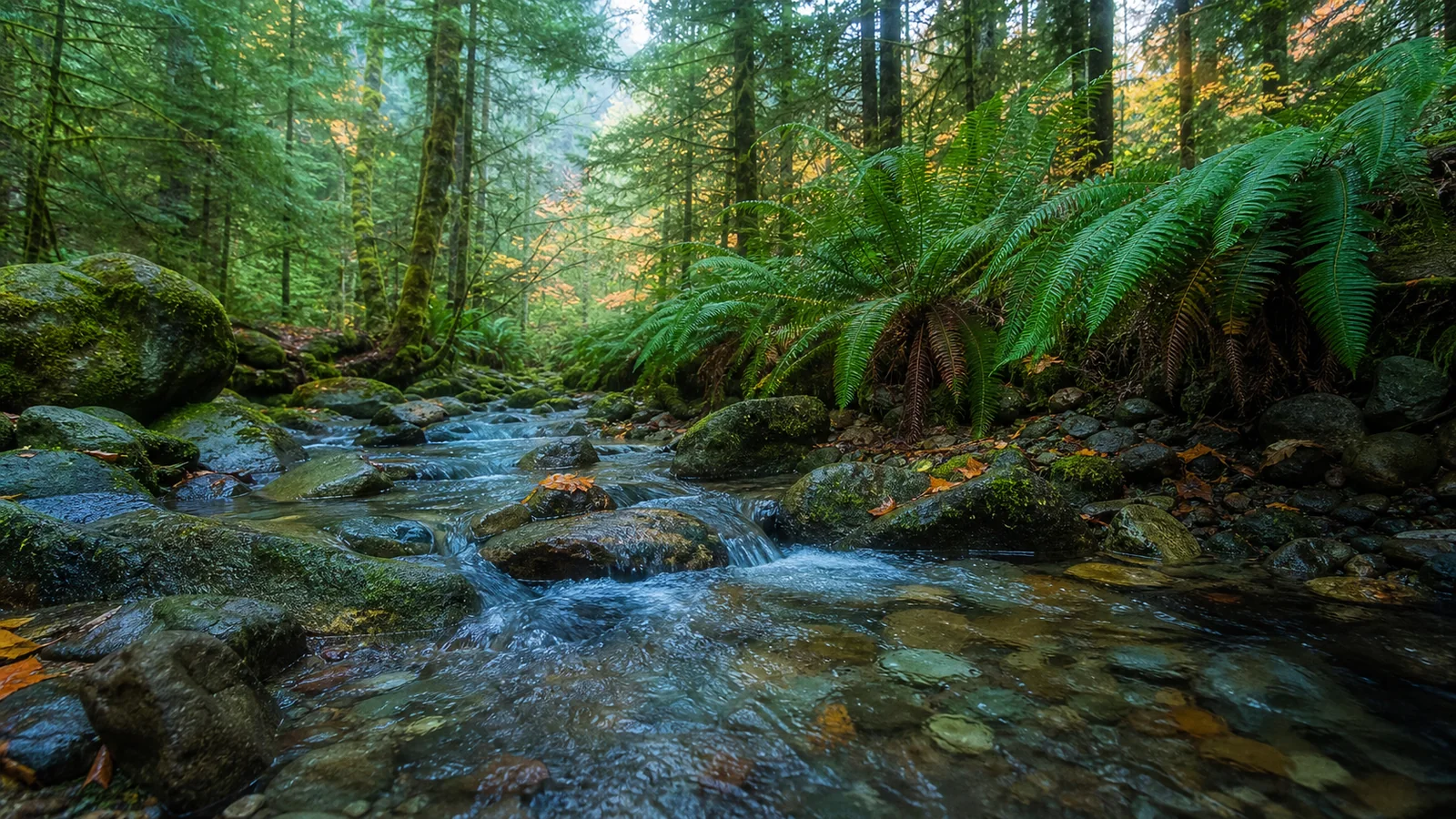 A clear forest stream moving beside green ferns