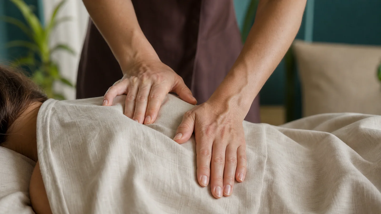Hands applying gentle sustained touch during a bodywork session
