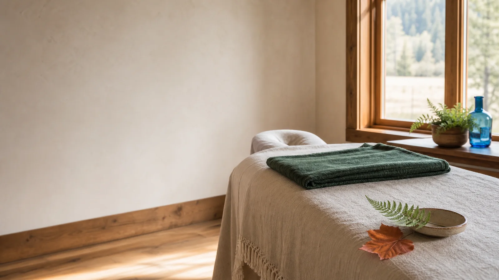 A peaceful bodywork room prepared with natural linens