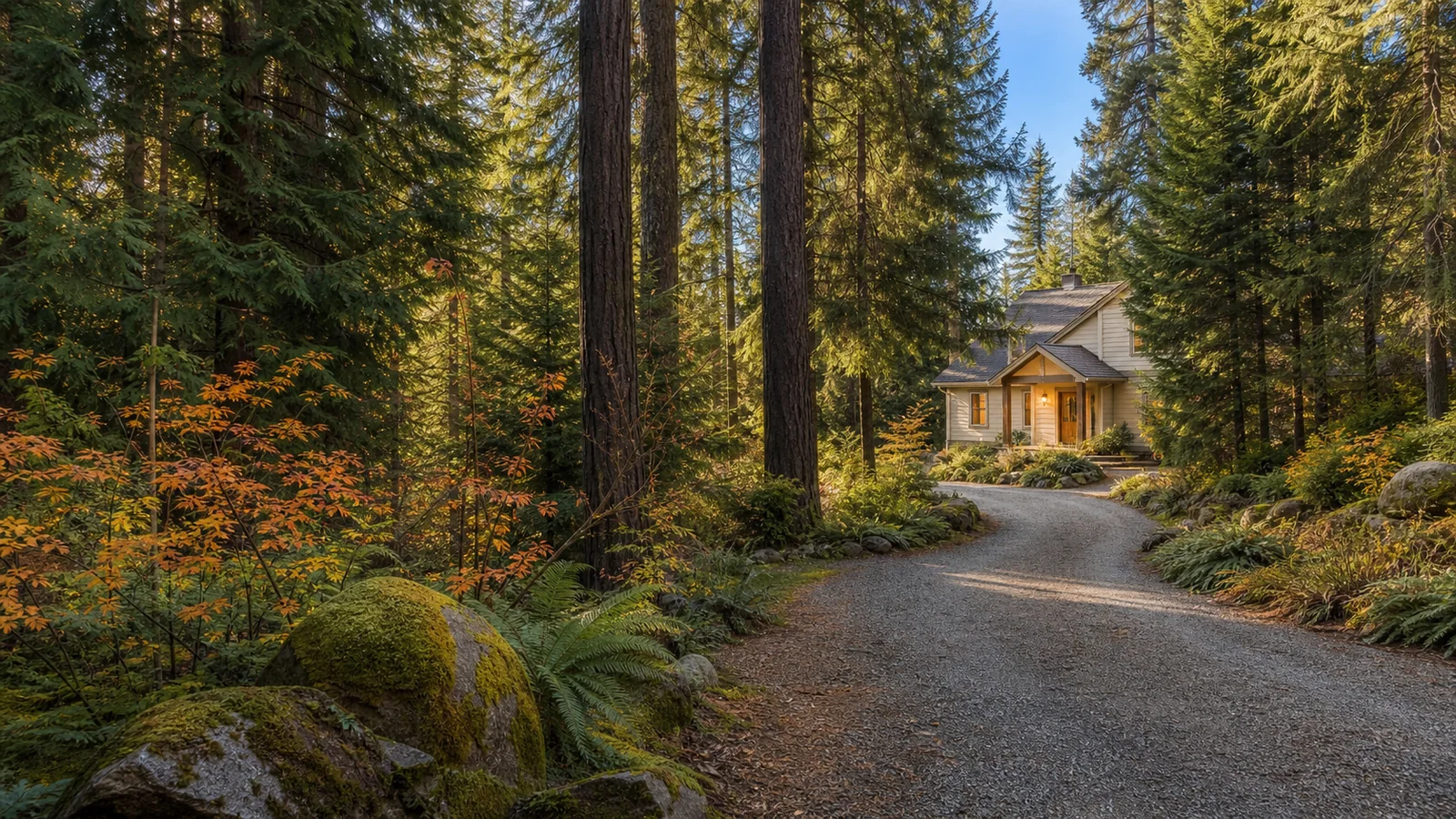 A quiet rural lane leading to a welcoming cottage among North Idaho trees