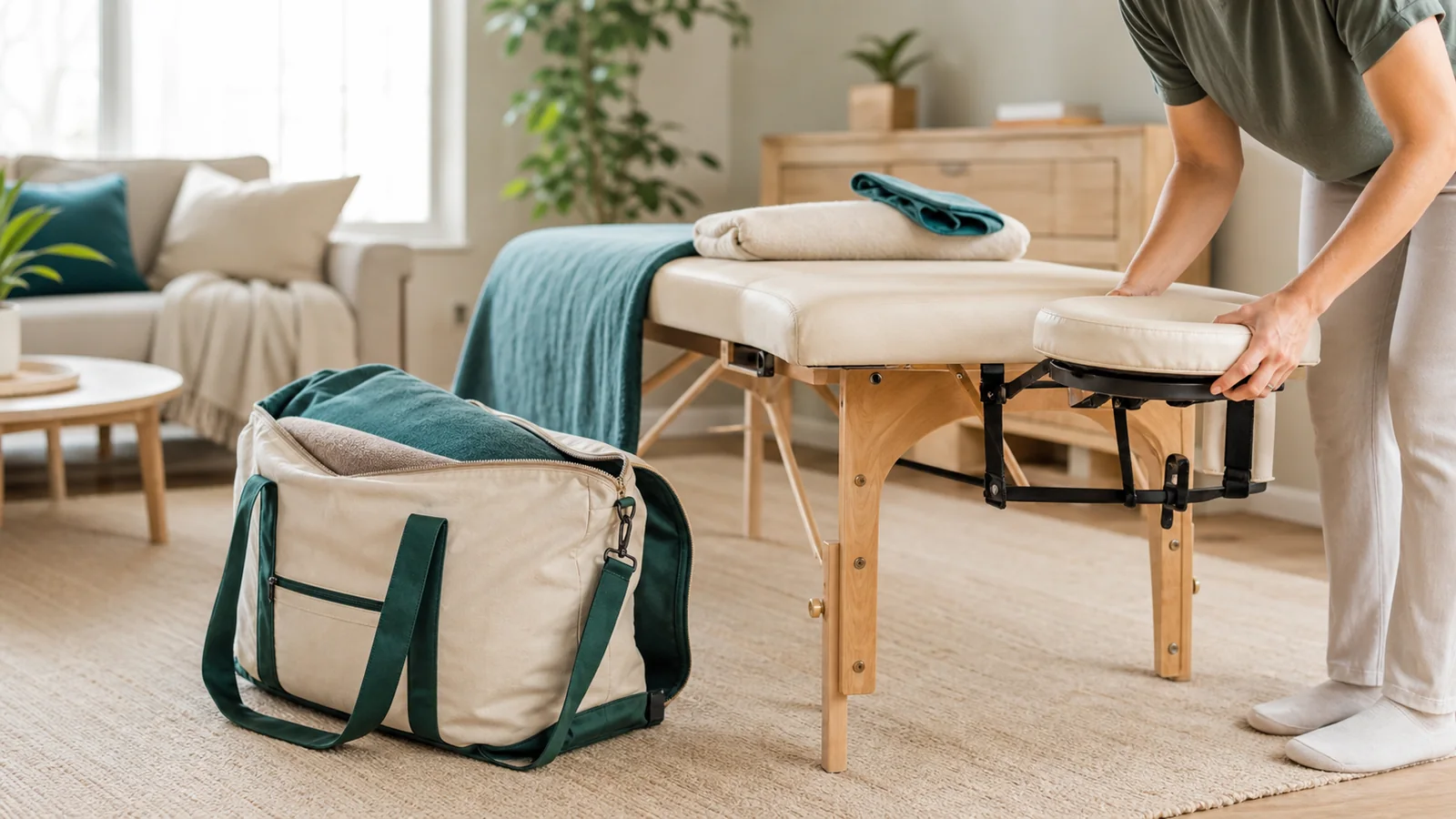 A portable bodywork table being prepared in a comfortable home