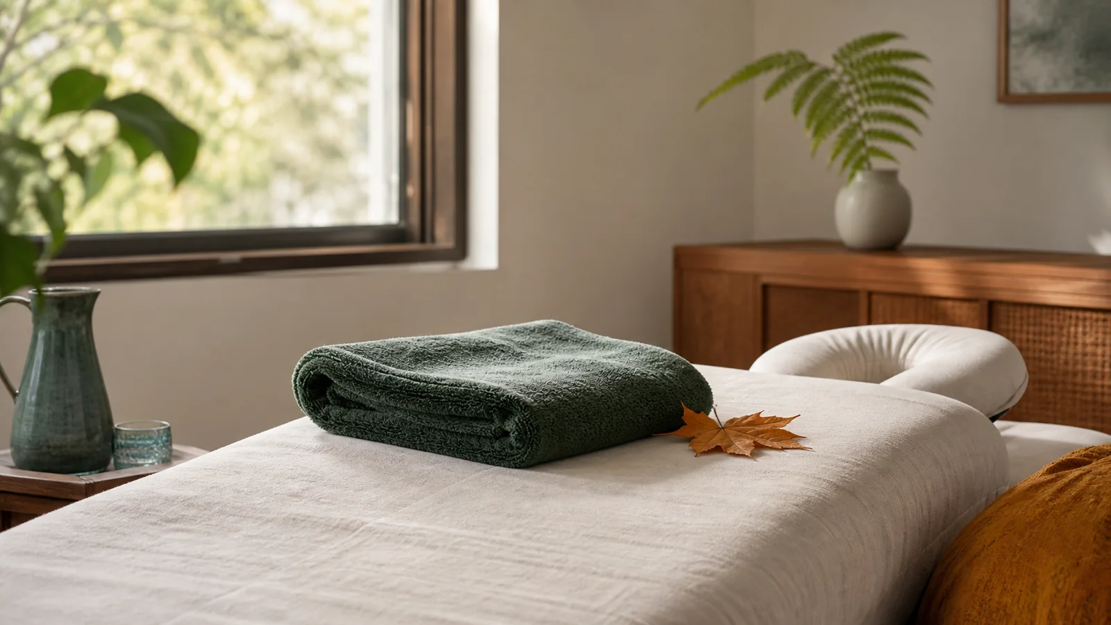 A calm treatment room prepared for a session