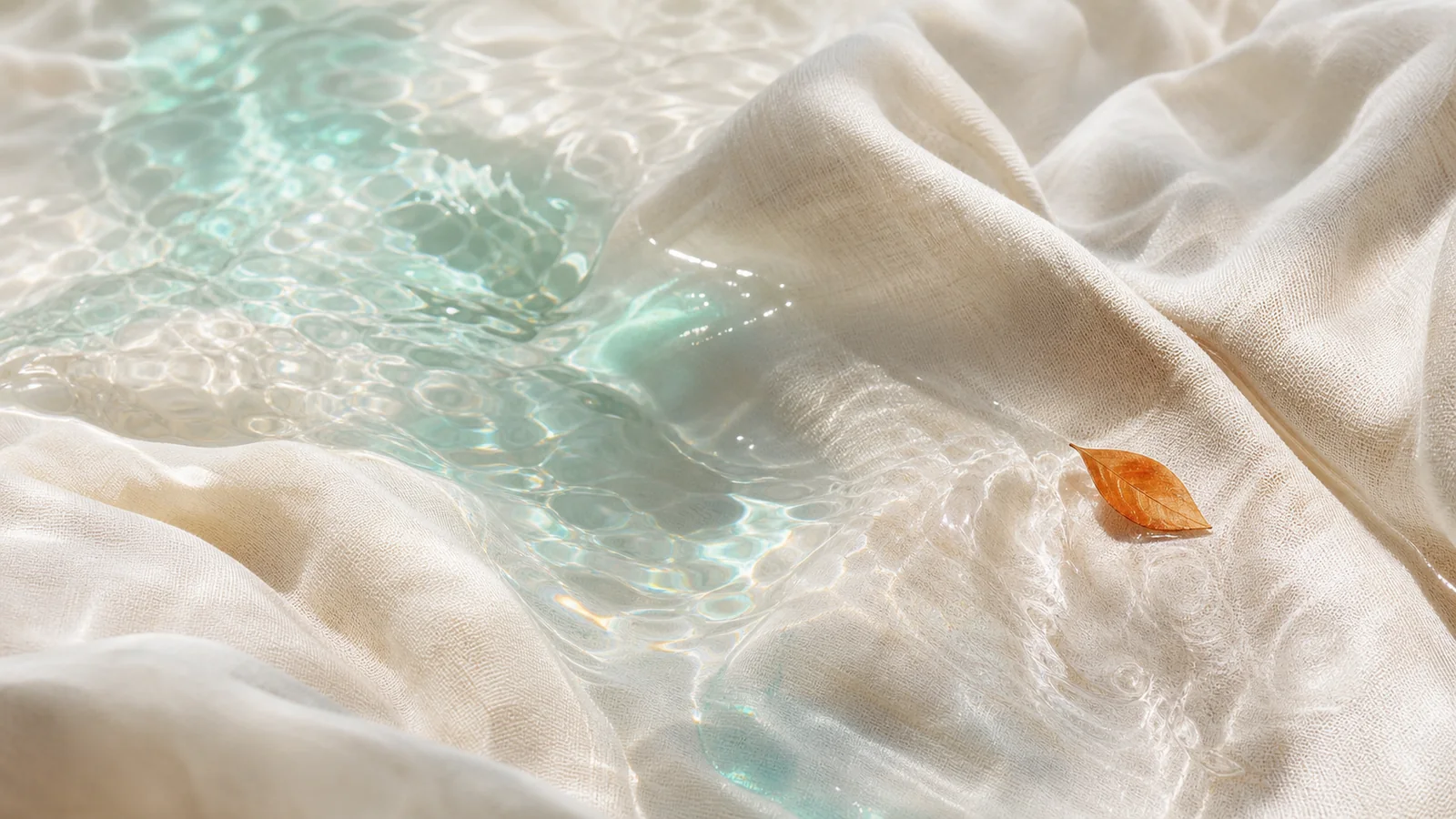 Clear water moving over folds of natural linen